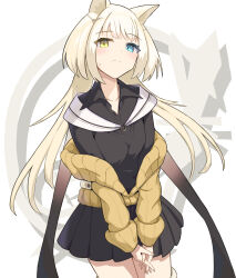 Rule 34 | 1girl, 8ka43, animal ears, arknights, black dress, blonde hair, blue eyes, blush, cardigan, closed mouth, collarbone, commentary request, cowboy shot, dress, heterochromia, highres, interlocked fingers, long hair, long sleeves, looking at viewer, nightmare (arknights), off shoulder, own hands together, partial commentary, pleated dress, ribbed sleeves, solo, split mouth, sweatdrop, white background, yellow cardigan, yellow eyes