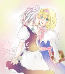 Rule 34 | 2girls, alice margatroid, apron, blonde hair, blue eyes, blush, book, bow, braid, capelet, closed eyes, dress, frills, gradient background, green bow, grey hair, hair bow, hairband, hand on another&#039;s shoulder, holding, holding book, izayoi sakuya, kiss, kissing cheek, maid, maid apron, maid headdress, multiple girls, open mouth, pocket watch, ribbon, shiro (hakukosui), short hair, touhou, watch, yuri