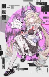 Rule 34 | 1girl, ahoge, aloupeep (enna alouette), blonde hair, blush, enna alouette, flower, full body, grin, hair between eyes, hair flower, hair ornament, head wings, heart, highres, kneehighs, long hair, low twintails, maid, maid headdress, nijisanji, nijisanji en, oneyife1, purple eyes, smile, socks, solo focus, twintails, very long hair, virtual youtuber, wings