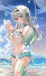 1girl absurdres alternate_costume bare_shoulders beach bikini black_hairband blue_sky blush breasts closed_mouth cloud cloudy_sky commentary_request detached_sleeves fingernails firefly_(honkai:_star_rail) gradient_sky grey_hair hair_between_eyes hair_intakes hair_ornament hairband hands_up highres honkai:_star_rail honkai_(series) long_hair looking_at_viewer medium_breasts navel ocean purple_eyes see-through_clothes see-through_sleeves sky smile solo sparkle steepled_fingers stomach swimsuit thighs water wet white_bikini zawzawa