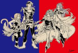 1girl 3boys aikawaazumi bandana belt closed_mouth commentary_request crossover final_fantasy final_fantasy_ix final_fantasy_vi high_heels holding holding_sword holding_weapon jewelry kuja locke_cole long_hair multiple_boys navel open_mouth partially_colored ponytail signature simple_background sleeveless smile spiked_hair sword tail tina_branford weapon zidane_tribal