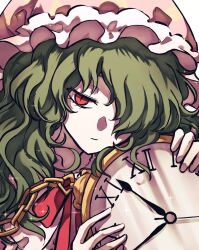 1girl chain clock closed_mouth commentary english_commentary expressionless gold_chain green_hair hair_over_one_eye hat highres kazami_yuuka kazami_yuuka_(pc-98) long_hair looking_at_viewer red_eyes roman_numeral soda_(sodaa_811) solo sparkle touhou touhou_(pc-98)