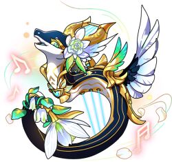 amphiptere aqua_eyes blue_eyes dragon dragon_village_(series) dragon_village_collection extra_eyes falling_petals feathered_wings feathers flower flower_on_head game_cg harp head_wings instrument looking_at_viewer musical_note no_humans official_art petals semilla_(dragon_village) semilla_(hope)_(dragon_village) tail tail_flower tail_ornament third-party_source third_eye_on_chest transparent_background white_flower white_petals white_wings wings