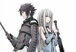 2girls akaba_yukino bandaged_arm bandaged_neck bandages black_bow black_hair blue_dress blue_sleeves blunt_bangs bow breasts chain cleavage closed_mouth clothing_cutout commentary_request cosplay cross-laced_clothes cross-laced_sleeves detached_sleeves dress flower frilled_dress frilled_sleeves frills from_side fur-trimmed_collar fur-trimmed_sleeves fur_trim gems_company gloves grey_hair hair_flower hair_ornament hair_over_shoulder hase_mikoto highres holding holding_sword holding_weapon jacket kaine_(nier) kaine_(nier)_(cosplay) kazuhi light_blush long_hair long_sleeves looking_ahead medium_breasts multiple_girls nier nier_(brother) nier_(brother)_(cosplay) nier_(series) purple_eyes red_eyes short_hair shoulder_cutout sidelocks simple_background single_bare_shoulder sleeveless sleeveless_dress sword thick_eyelashes twitter_username underboob_cutout upper_body very_long_hair virtual_youtuber weapon white_background white_flower