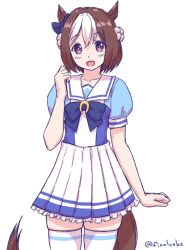 1girl animal_ears blue_shirt bow brown_hair commentary ear_bow english_commentary finalcake horse_ears horse_girl horse_tail multicolored_hair open_mouth pleated_skirt purple_bow purple_eyes sailor_collar sailor_shirt school_uniform serafuku shirt short_hair simple_background skirt smile solo special_week_(umamusume) tail thighhighs tracen_school_uniform twitter_username two-tone_hair umamusume white_background white_hair white_sailor_collar white_skirt white_thighhighs