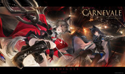2girls absurdres animal_ear_fluff animal_ears arknights artist_name black_cape black_gloves black_hair black_pantyhose black_skirt black_vest blue_gloves blue_necktie blue_shorts cape closed_mouth copyright_name english_text fangs fingerless_gloves gloves grey_eyes high-waist_skirt highres holding holding_sword holding_weapon incredibly_absurdres jacket lappland_(arknights) lappland_the_decadenza_(arknights) long_hair long_sleeves looking_at_viewer material_growth milktea_wegan multiple_girls multiple_others necktie open_clothes open_jacket open_mouth oripathy_lesion_(arknights) pantyhose red_cape red_necktie shirt shorts skirt sword teeth texas_(arknights) texas_the_omertosa_(arknights) upper_teeth_only vest weapon white_shirt wolf_ears wolf_girl yellow_eyes