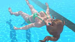 1girl bikini breasts brown_hair cleavage collarbone commentary floating green_bikini green_eyes highres long_hair looking_up masuki original ponytail pool shadow solo swimsuit underwater