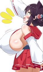 1girl animal_ears arm_up artist_request black_hair blue_archive blush bonbaka breasts covered_erect_nipples detached_sleeves fang flower from_side gigantic_breasts hair_bun hair_flower hair_ornament highres japanese_clothes kaede_(blue_archive) miko nontraditional_miko open_mouth sideboob sideless_outfit skindentation skirt solo standing waving white_background yellow_eyes