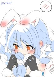 Rule 34 | 1girl, @ @, animal ear fluff, animal ears, black gloves, black leotard, blue hair, blush, bow, braid, carrot hair ornament, closed mouth, commentary request, don-chan (usada pekora), ear blush, ears down, food-themed hair ornament, fur-trimmed gloves, fur trim, gloves, hair between eyes, hair bow, hair ornament, hands up, highres, holding, holding own hair, hololive, kiritoma, leotard, long hair, looking down, multicolored hair, orange eyes, rabbit ears, short eyebrows, signature, simple background, solo, spoken blush, strapless, strapless leotard, sweat, thick eyebrows, twin braids, twintails, two-tone hair, upper body, usada pekora, usada pekora (1st costume), virtual youtuber, white background, white bow, white hair