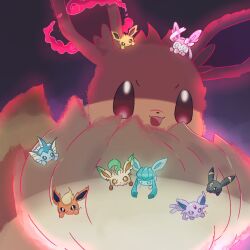 amu_uni black_eyes blue_eyes bright_pupils brown_eyes colored_sclera eevee espeon flareon gen_1_pokemon gen_2_pokemon gen_4_pokemon gen_6_pokemon gigantamax gigantamax_eevee glaceon jolteon leafeon looking_at_viewer nintendo no_humans open_mouth pokemon pokemon_(creature) purple_eyes red_sclera smile sylveon umbreon vaporeon white_pupils