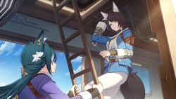 2girls absurdres animal_ear_fluff animal_ears arm_pouch bad_link belt black_hair blue_jacket brown_belt chinese_clothes climbing_ladder fox_ears fox_girl fox_tail fur-trimmed_jacket fur_trim game_cg green_eyes green_hair grey_hair hair_ornament highres holding holding_wrench honkai:_star_rail honkai_(series) indoors jacket ladder long_hair looking_at_another mother_and_daughter multicolored_hair multiple_girls official_art pants purple_jacket qingni_(honkai:_star_rail) shirt short_hair smile streaked_hair tail white_pants white_shirt window wrench yukong_(honkai:_star_rail)