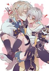 ! +_+ 2boys aged_down animal animal_ears animal_nose aventurine_(honkai:_star_rail) bandaid bandaid_on_knee bandaid_on_leg black_boots black_cat black_coat black_collar black_gloves black_hat black_jacket black_shorts black_socks black_vest blonde_hair blue_hair blue_shirt boots border bracelet caelus_(honkai:_star_rail) carrying cat cat_ears cat_tail cellphone child closed_eyes closed_mouth coat collar collarbone collared_shirt colored_inner_hair cowboy_shot fang fingerless_gloves fingernails food food_on_face fruit fur-trimmed_jacket fur_trim gloves gold_bracelet grey_fur grey_hair hair_between_eyes hand_up hat heart highres holding holding_food holding_phone honkai:_star_rail honkai_(series) hood hooded_coat ice_cream jacket jewelry long_sleeves male_focus multicolored_hair multiple_boys one_eye_closed open_clothes open_coat open_jacket outside_border phone pink_background princess_carry raccoon raccoon_ears raccoon_tail rongyuan_gulu shirt short_hair shorts simple_background smartphone smile socks standing sticker_on_leg strawberry sundae t-shirt tail trailblazer_(honkai:_star_rail) trailblazer_(trash_cake)_(honkai:_star_rail) two-sided_coat two-sided_fabric vest visor_cap watch white_border white_shirt wristwatch yellow_coat yellow_collar yellow_eyes