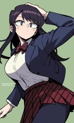 1girl black_eyes black_hair black_pantyhose blazer blue_jacket bow bowtie breasts bright_pupils closed_mouth commentary cowboy_shot diagonal-striped_bow diagonal-striped_bowtie diagonal-striped_clothes diagonal-striped_skirt green_background hand_on_own_head highres jacket komatsuki_n komi-san_wa_komyushou_desu komi_shouko large_breasts long_hair long_sleeves looking_at_viewer open_clothes open_jacket pantyhose pleated_skirt red_bow red_bowtie red_skirt school_uniform shirt shirt_tucked_in simple_background skirt solo standing striped_clothes twitter_username white_shirt