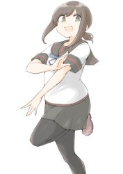1girl akara_kai alternate_legwear black_hair black_pantyhose black_sailor_collar black_skirt cowboy_shot fubuki_(kancolle) fubuki_kai_ni_(kancolle) highres kantai_collection looking_at_viewer low_ponytail neckerchief open_mouth pantyhose pleated_skirt ponytail sailor_collar school_uniform serafuku short_hair short_ponytail short_sleeves sidelocks skirt smile solo standing standing_on_one_leg white_background