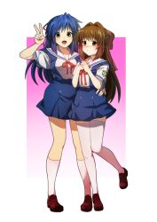 Rule 34 | 1boy, 1girl, absurdres, aged down, arm around waist, blue hair, blue skirt, blush, bow, brown footwear, chinese commentary, clannad, commentary request, fang, hair between eyes, hair bow, hair intakes, hair ribbon, half updo, hand up, hands up, high-waist skirt, highres, hikarizaka private high school uniform, hug, kneehighs, loafers, long hair, looking at viewer, mogege gk, nose blush, open mouth, own hands together, parted lips, pink background, pink bow, red ribbon, ribbon, sagara misae, sailor collar, school uniform, serafuku, shima katsuki, shirt, shoes, short sleeves, shy, side-by-side, sidelocks, simple background, skirt, smile, socks, standing, standing on one leg, summer uniform, suspender skirt, suspenders, thighhighs, trap, two-tone background, v, very long hair, white background, white sailor collar, white shirt, white socks, white thighhighs, wig, yellow eyes, zettai ryouiki