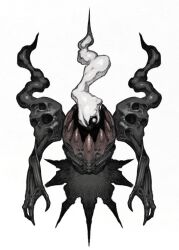 arms_at_sides black_skin colored_skin commentary_request creatures_(company) darkrai floating_hair game_freak gen_4_pokemon hair_over_one_eye highres legendary_pokemon looking_at_viewer mythical_pokemon nao70shark1 nintendo no_humans pokemon pokemon_(creature) pokemon_focus redesign simple_background skull solo white_background white_eyes white_hair