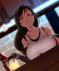 1girl absurdres bar_(place) black_hair bottle breast_rest breasts collarbone counter earrings final_fantasy final_fantasy_vii final_fantasy_vii_remake fingerless_gloves fluffysukiart gloves highres jewelry large_breasts long_hair looking_at_viewer low-tied_long_hair materia parted_lips red_eyes tank_top tifa_lockhart