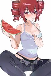 black_panties black_pants blush breasts cleavage closed_mouth denim drill_hair eating feet_out_of_frame food fruit highres holding holding_food holding_fruit holding_watermelon ichill_okuzaki invisible_floor kasane_teto looking_to_the_side medium_breasts panties pants partially_unzipped red_eyes red_hair shirt simple_background sitting sleeveless sleeveless_shirt spread_legs twin_drills underwear vocaloid watermelon watermelon_slice white_background white_shirt