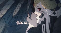 Rule 34 | 1boy, 1girl, black coat, black eyes, black hair, closed eyes, closed mouth, coat, collared coat, colored skin, commentary, couple, cracked skin, curly hair, double bun, edelgard von hresvelg, edelgard von hresvelg (hegemon husk), edelgard von hresvelg (timeskip), english commentary, fake horns, fire emblem, fire emblem: three houses, from side, glowing, glowing eyes, hair between eyes, hair bun, hair up, headpiece, hetero, high collar, horns, howl no ugoku shiro, hubert von vestra, imminent kiss, monster girl, multicolored eyes, multicolored skin, nintendo, opening eyes, puckered lips, red pupils, rentonotnerd, shade, short hair, two-tone skin, upper body, white hair