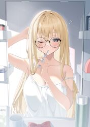 1girl absurdres arm_behind_head arm_up armpits bathroom black-framed_eyewear blonde_hair blush borumete bow breasts brushing_teeth camisole cleavage commentary_request cup glasses grey_eyes hand_up highres holding holding_toothbrush indoors large_breasts long_hair looking_at_mirror mirror one_eye_closed original red_bow round_eyewear solo strap_slip toothbrush toothbrush_in_mouth unworn_bow white_camisole