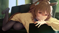 1girl absurdres agnes_tachyon_(umamusume) ahoge animal_ears black_pantyhose black_shirt chemical_structure collared_shirt couch earrings expressionless hair_between_eyes highres horse_ears horse_girl indoors jewelry light_rays long_sleeves lying on_couch on_stomach pantyhose polka_dot shijima_(shizima_03) shirt single_earring solo sweater umamusume window yellow_sweater