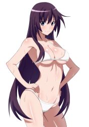 1girl absurdres bikini breasts closed_mouth cowboy_shot hands_on_own_hips highres kakukakusan large_breasts long_hair looking_at_viewer monogatari_(series) navel senjougahara_hitagi simple_background smile solo stomach swimsuit very_long_hair wet white_background white_bikini