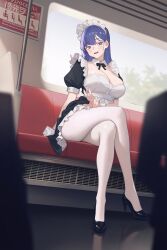 1girl absurdres apron blue_hair blush commentary crossed_legs cuffs english_commentary high_heels highres jaejae long_hair maid maid_apron maid_headdress original pantyhose purple_eyes solo train_interior v white_pantyhose