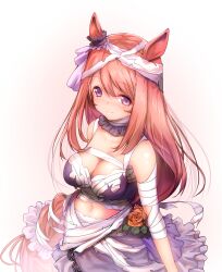 1girl animal_ears bandage_on_hair bandaged_arm bandaged_torso bandages bare_shoulders blue_eyes blush breasts brown_hair chest_sarashi choker cleavage closed_mouth commentary_request ear_scrunchie frilled_choker frilled_skirt frills from_above gradient_background grey_skirt hair_between_eyes highres horse_ears large_breasts long_hair looking_at_viewer low-braided_long_hair low-tied_long_hair midriff mummy_costume navel official_alternate_costume orange_background purple_skirt sarashi skirt smile solo super_creek_(chiffon_ribbon_mummy)_(umamusume) super_creek_(umamusume) umamusume upper_body usapenpen2019 veil very_long_hair