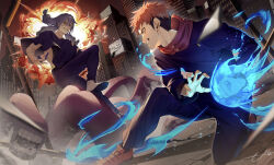 1boy absurdres air_(ai_r_) angry battle blue_eyes blue_hair brown_eyes cityscape clenched_teeth cursed_energy_(jujutsu_kaisen) duel energy explosion fighting_stance grin heterochromia highres itadori_yuuji jujutsu_kaisen kneeling long_hair low-tied_long_hair mahito_(jujutsu_kaisen) male_focus orange_hair signature smile solo stitched_arm stitched_face stitched_neck stitches teeth transfigured_human_(jujutsu_kaisen) undercut yellow_eyes