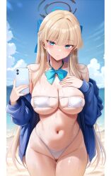 1girl alternate_costume aqua_bow aqua_bowtie beach bikini blue_archive blue_eyes blue_halo blue_jacket blue_sky blush bow bowtie breasts cellphone cleavage closed_mouth cloud colored_inner_hair cowboy_shot day eyepatch_bikini gluteal_fold halo highleg highleg_bikini highres holding holding_phone jacket jacket_partially_removed large_breasts long_hair long_sleeves looking_at_viewer multicolored_hair navel ocean official_alternate_hairstyle oni-noboru open_clothes open_jacket outdoors phone pillarboxed purple_hair revision sideboob skindentation sky smartphone solo stomach swimsuit toki_(blue_archive) underboob water wet white_bikini