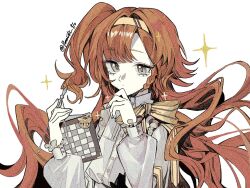 1girl long_sleeves orange_hair reverse:1999 solo sonetto_(reverse:1999) white_background yuzu_(parasitic_910)