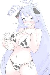 1girl absurdres animal_print bikini blue_eyes blue_hair blush boku_no_hero_academia bottle breasts closed_mouth cow_print cow_print_bikini hado_nejire hair_horns highres holding holding_bottle large_breasts long_hair looking_at_viewer milk mocamocaink navel print_bikini simple_background smile solo stomach swimsuit very_long_hair white_background