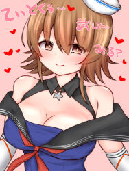 1girl black_sailor_collar blue_shirt breasts brown_eyes brown_hair cleavage dixie_cup_hat elbow_gloves flipped_hair gloves gradient_background hat heart highres kantai_collection looking_at_viewer military_hat pink_background richard_p._leary_(kancolle) richard_p._leary_kai_(kancolle) sailor_collar shirt solo upper_body white_gloves white_hat yuki_(yukineko-nyaa)