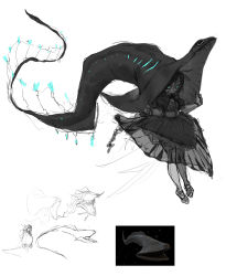 1girl absurdres black_dress black_hair blue_eyes braid commentary concept_art dress eel eel_hat gills glowing glowing_eyes hat highres inset large_hat lim_donghyun messy_hair monster_girl original pale_skin photo-referenced reference_inset simple_background sketch smile solo white_background witch witch_hat