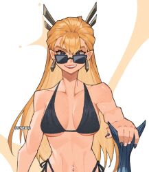 1girl bikini blonde_hair blue_eyes breasts earrings highres holding holding_sword holding_weapon jewelry long_hair looking_at_viewer magik_(x-men) marvel marvel_rivals navel solo swimsuit sword weapon wokiiarts x-men