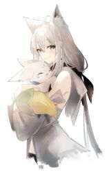 1girl absurdres animal_ears armpit_crease braid creature cropped_legs detached_sleeves fox_ears fox_girl from_side grey_eyes grey_hair hair_ribbon highres holding holding_creature hololive hood hood_down hoodie hug kyoko_(zeprii4) long_hair looking_at_viewer ponytail ribbon shirakami_fubuki shirakami_fubuki_(1st_costume) simple_background sukonbu_(shirakami_fubuki) virtual_youtuber white_background