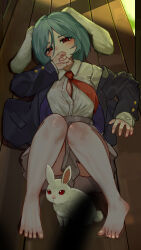 1girl absurdres animal animal_ears barefoot biting_own_finger black_jacket blazer blush breasts button_gap buttoned_cuffs buttons chinese_commentary commentary_request feet full_body grey_hair grey_skirt highres jacket kourou_(kouroukun) long_sleeves lying mixed-language_commentary necktie on_back on_floor open_mouth partial_commentary rabbit rabbit_ears rabbit_girl red_eyes red_necktie reisen_(touhou_bougetsushou) shirt shirt_tucked_in short_hair skirt solo toenails toes touhou white_shirt