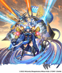 1girl ahoge bare_shoulders black_gloves black_thighhighs blue_boots blue_eyes blue_gloves blue_hair boots collar copyright_notice crossed_arms dragon_girl dragon_tail dress duel_masters duel_masters_play&#039;s elbow_gloves energy_beam full_body gloves gradient_sky grey_hair highres horns mechanical_horns metal_collar multicolored_hair non-humanoid_robot official_art open_mouth orange_sky q.e.d._(duel_masters) robot robot_dragon sky smile solo standing tail teeth tetrapod_(youhei_1985) thighhighs upper_teeth_only