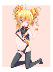 1girl arm_up bag black_thighhighs blonde_hair blush breasts brown_eyes candy_wrapper commentary_request full_body gen_4_pokemon hair_ornament holding kneeling long_hair nakamura_sandayo navel nintendo one_eye_closed personification pokemon shinx shoulder_bag solo thighhighs tongue tongue_out wristband