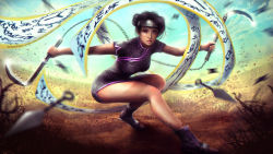 1girl black_hair blue_sky boots cloud commentary day debris dress eddy_shinjuku female_focus fighting_stance forehead_protector hagoromo highres holding holding_weapon kunai kusarigama legs looking_at_viewer motion_blur naruto naruto_(series) open-toe_boots outdoors outstretched_arms parted_lips pink_eyes purple_dress shawl short_dress shuriken sickle sky solo tenten_(naruto) watermark weapon web_address