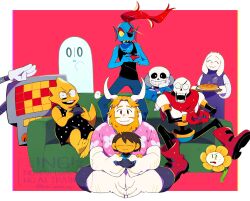 1other 3boys 3girls =_= ? ^_^ alphys asgore_dreemurr beard black_dress black_tank_top blonde_hair blue_skin boots border closed_eyes colored_skin controller couch dress eyepatch facial_hair fins flower flowey_(undertale) food frisk_(undertale) full_body furry furry_female furry_male ghost gloves group_picture head_fins highres holding holding_controller kanianoreki mettaton multiple_boys multiple_girls napstablook on_couch open_mouth outside_border papyrus_(undertale) pie pink_background pink_shirt playing_games red_boots red_gloves red_hair sans_(undertale) shirt sitting sitting_on_lap sitting_on_person spoken_question_mark standing tank_top toriel undertale undyne white_border yellow_skin