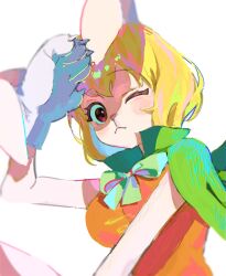 1girl blonde_hair blush bob_cut bow bowtie capelet carrot_(one_piece) closed_mouth commentary_request dress green_bow green_bowtie green_capelet highres looking_at_viewer one_eye_closed one_piece orange_dress r3fekpz4io20927 rabbit_girl simple_background solo white_background