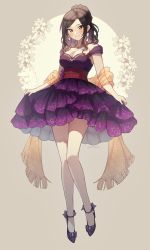 1girl absurdres bare_shoulders black_hair blush breasts brown_eyes cleavage dress earrings frilled_dress frills grey_background highres idolmaster idolmaster_cinderella_girls jewelry large_breasts long_hair looking_at_viewer mukai_takumi necklace orange_shawl ponytail purple_dress purple_footwear shangzi shawl short_dress simple_background smile solo strapless strapless_dress twitter_username