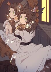 1girl aleyyy_aki animal_ears arm_belt belt braid brown_belt brown_hair centauroid coat commentary deer_ears deer_girl ear_tag flower green_eyes hair_flower hair_ornament hair_over_shoulder highres indoors jessica_(reverse:1999) long_hair long_sleeves looking_at_viewer mirror monster_girl parted_bangs parted_lips reflection reverse:1999 shadow sidelocks solo standing standing_on_three_legs taur underbust white_coat white_flower