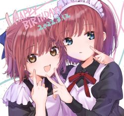 Rule 34 | 2girls, apron, black dress, black kimono, blue eyes, brown eyes, commentary request, dated, dress, happy birthday, highres, hisui (tsukihime), index finger raised, japanese clothes, juliet sleeves, kimono, kohaku (tsukihime), long sleeves, looking at viewer, maid, maid apron, maid headdress, multiple girls, neck ribbon, open mouth, puffy sleeves, red hair, red ribbon, ribbon, short hair, siblings, sisters, smile, tanka kikurage, tsukihime, twins, v, wa maid, white apron, white background, wide sleeves