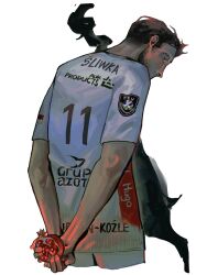 1boy beard black_eyes black_hair breasts covered_mouth facial_hair food fruit glowing hair_slicked_back highres holding holding_behind_back large_breasts male_focus original pomegranate print_shirt recosks russian_text shirt smoke solo t-shirt upper_body