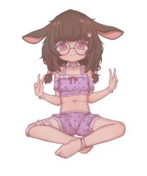 1girl animal_ears anndrezs barefoot brown_hair closed_mouth commission double_v fallenshadow flat_chest hair_ornament hands_up highres indian_style indie_virtual_youtuber loli looking_at_viewer navel pink_eyes pixiv_commission rabbit_ears rabbit_girl rabbit_hair_ornament round_eyewear simple_background sitting solo toes transparent_background v virtual_youtuber