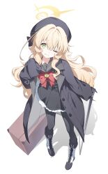 1girl absurdres beret black_coat black_dress black_gloves black_hat black_pantyhose black_sailor_collar blonde_hair blue_archive boots bow bowtie box cane coat commentary dress from_above full_body gloves green_eyes grin halo hat head_tilt highres holding holding_cane knee_boots long_hair long_sleeves looking_at_viewer looking_up one_eye_closed open_clothes open_coat pantyhose professor_niyaniya_(blue_archive) red_bow red_bowtie sailor_collar shadow smile solo wavy_hair white_boots youguo_naberu