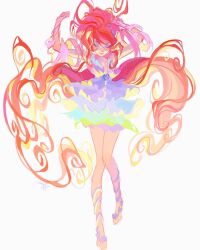 1girl arms_up barefoot_sandals_(jewelry) bloom_(winx_club) blue_dress blue_eyeshadow breasts brooch center_opening cleavage closed_eyes dress elbow_gloves enchantix eyelashes eyeshadow fairy floating_clothes floating_hair frilled_dress frills full_body gloves hair_ornament heart heart_brooch heart_hair_ornament henshin highres jewelry ladyshalirin long_hair magical_girl makeup orange_hair pink_gloves short_dress simple_background sleeveless sleeveless_dress solo third-party_source transformation very_long_hair white_background winx_club