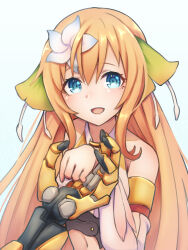 1girl 1other armlet bare_shoulders blue_eyes brown_hair ciel_nosurge earthes flower gold_armlet hair_flower hair_ornament highres ionasal_kkll_preciel jewelry kinakonato long_hair looking_at_viewer mechanical_arms open_mouth pov simple_background solo_focus surge_concerto upper_body white_flower
